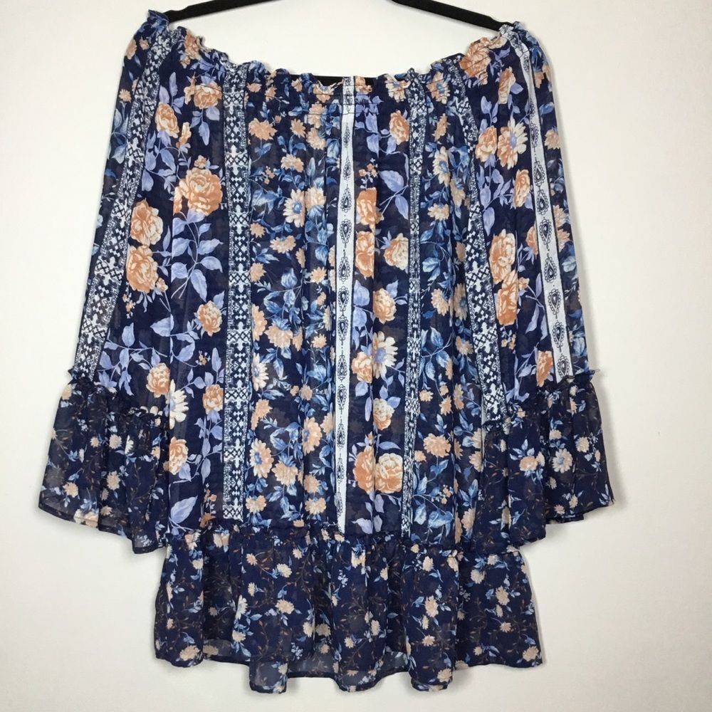 Sheer on off shoulder top ruffle sleeves and hemoversized floaty size M